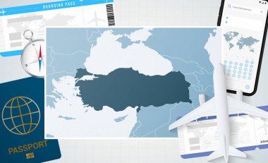 Türkiye 'ye yolculuk, Türkiye haritalı bir illüstrasyon. Uçak, cep telefonu, pasaport, pusula ve biletlerle arka plan.