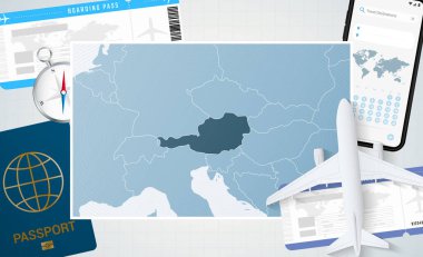 Avusturya seyahati, Avusturya haritalı bir illüstrasyon. Uçak, cep telefonu, pasaport, pusula ve biletlerle arka plan.