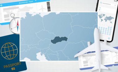 Slovakya 'ya yolculuk, Slovakya haritalı bir illüstrasyon. Uçak, cep telefonu, pasaport, pusula ve biletlerle arka plan.
