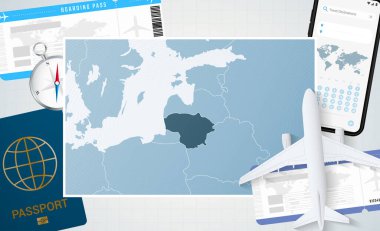 Litvanya 'ya yolculuk, Litvanya haritalı bir illüstrasyon. Uçak, cep telefonu, pasaport, pusula ve biletlerle arka plan.