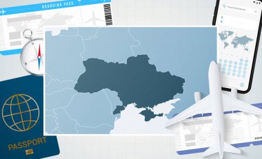 Ukrayna 'ya yolculuk, Ukrayna haritalı bir illüstrasyon. Uçak, cep telefonu, pasaport, pusula ve biletlerle arka plan.