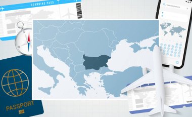 Bulgaristan 'a bir seyahat, Bulgaristan haritalı bir illüstrasyon. Uçak, cep telefonu, pasaport, pusula ve biletlerle arka plan.