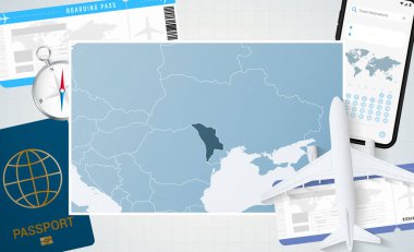 Moldova 'ya yolculuk, Moldova haritalı bir illüstrasyon. Uçak, cep telefonu, pasaport, pusula ve biletlerle arka plan.
