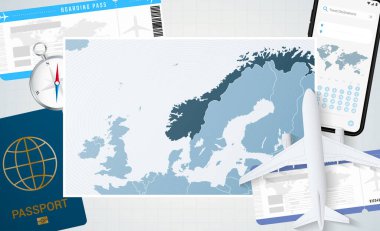 Norveç 'e yolculuk, Norveç haritalı bir illüstrasyon. Uçak, cep telefonu, pasaport, pusula ve biletlerle arka plan.