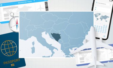 Bosna-Hersek gezisi, Bosna-Hersek haritası ile illüstrasyon. Uçak, cep telefonu, pasaport, pusula ve biletlerle arka plan.