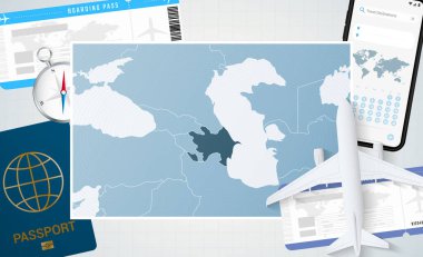 Azerbaycan 'a yolculuk, Azerbaycan haritalı bir illüstrasyon. Uçak, cep telefonu, pasaport, pusula ve biletlerle arka plan.