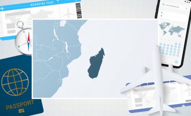 Madagaskar 'a yolculuk, Madagaskar haritalı bir illüstrasyon. Uçak, cep telefonu, pasaport, pusula ve biletlerle arka plan.