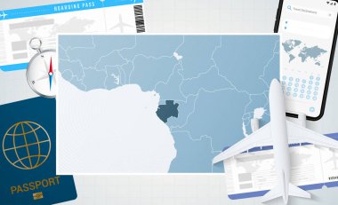 Gabon 'a yolculuk, Gabon haritalı bir illüstrasyon. Uçak, cep telefonu, pasaport, pusula ve biletlerle arka plan.