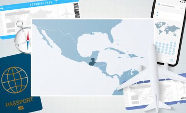 Guatemala 'ya yolculuk, Guatemala haritalı bir illüstrasyon. Uçak, cep telefonu, pasaport, pusula ve biletlerle arka plan.
