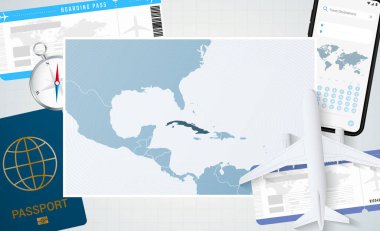 Küba 'ya yolculuk, Küba haritalı bir illüstrasyon. Uçak, cep telefonu, pasaport, pusula ve biletlerle arka plan.