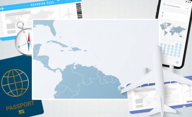 Grenada 'ya yolculuk, Grenada haritalı bir illüstrasyon. Uçak, cep telefonu, pasaport, pusula ve biletlerle arka plan.