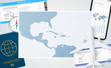 Jamaika 'ya yolculuk, Jamaika haritalı bir illüstrasyon. Uçak, cep telefonu, pasaport, pusula ve biletlerle arka plan.