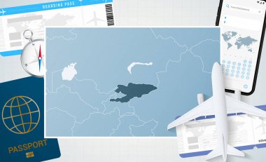 Kırgızistan 'a yolculuk, Kırgızistan haritalı bir illüstrasyon. Uçak, cep telefonu, pasaport, pusula ve biletlerle arka plan.