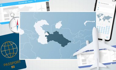 Türkmenistan 'a yolculuk, Türkmenistan haritalı bir illüstrasyon. Uçak, cep telefonu, pasaport, pusula ve biletlerle arka plan.