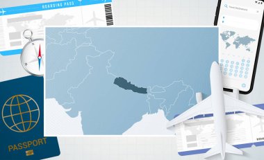 Nepal 'e yolculuk, Nepal haritalı bir illüstrasyon. Uçak, cep telefonu, pasaport, pusula ve biletlerle arka plan.