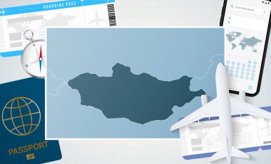 Moğolistan 'a yolculuk, Moğolistan haritalı bir illüstrasyon. Uçak, cep telefonu, pasaport, pusula ve biletlerle arka plan.