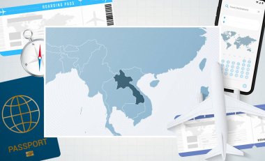 Laos 'a yolculuk, Laos haritalı bir illüstrasyon. Uçak, cep telefonu, pasaport, pusula ve biletlerle arka plan.