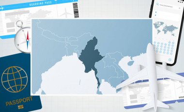 Myanmar 'a yolculuk, Myanmar haritalı bir illüstrasyon. Uçak, cep telefonu, pasaport, pusula ve biletlerle arka plan.