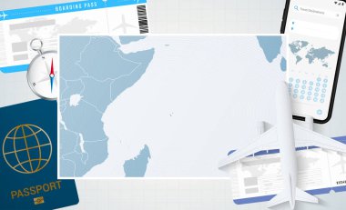 Seyşeller 'e yolculuk, Seyşeller haritalı bir illüstrasyon. Uçak, cep telefonu, pasaport, pusula ve biletlerle arka plan.