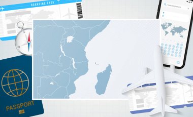Comoros 'a Yolculuk, Comoros haritalı bir illüstrasyon. Uçak, cep telefonu, pasaport, pusula ve biletlerle arka plan.