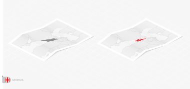 Gürcistan 'ın gölgeli iki gerçekçi haritası. Gürcistan bayrağı ve haritası izometrik tarzda.