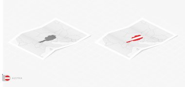 Avusturya 'nın gölgeli iki gerçekçi haritası. Avusturya bayrağı ve haritası izometrik tarzda.