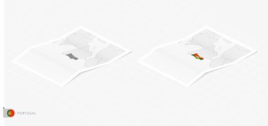 Gölgeli iki gerçekçi Portekiz haritası. Portekiz bayrağı ve haritası izometrik tarzda.