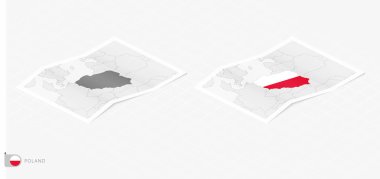 Polonya 'nın gölgeli iki gerçekçi haritası. Polonya bayrağı ve haritası izometrik tarzda.