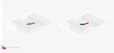 Çek Cumhuriyeti 'nin gölgeli iki gerçekçi haritası. Çek Cumhuriyeti bayrağı ve haritası izometrik tarzda.