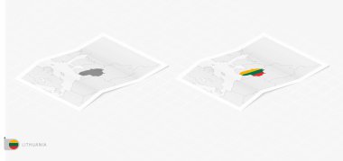 Gölgeli iki gerçekçi Litvanya haritası. Litvanya bayrağı ve haritası izometrik biçimdedir.