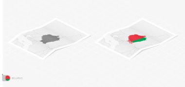Belarus 'un gölgeli iki gerçekçi haritası. Belarus bayrağı ve haritası izometrik biçimdedir.