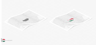 Macaristan 'ın gölgeli iki gerçekçi haritası. Macaristan bayrağı ve haritası izometrik biçimdedir.