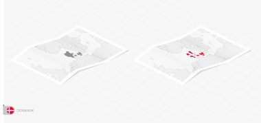 Gölgeli iki gerçekçi Danimarka haritası. Danimarka bayrağı ve haritası izometrik biçimdedir.