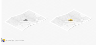 Bosna-Hersek 'in gölgeli iki gerçekçi haritası. Bosna-Hersek 'in bayrağı ve haritası izometrik tarzda.