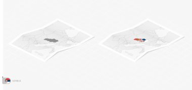 Sırbistan 'ın gölgeli iki gerçekçi haritası. Sırbistan 'ın bayrağı ve haritası izometrik tarzda.