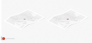 Karadağ 'ın gölgeli iki gerçekçi haritası. Karadağ 'ın bayrağı ve haritası izometrik tarzda.