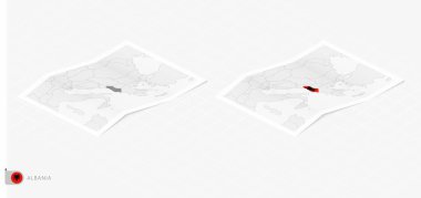 Gölgeli iki gerçekçi Arnavutluk haritası. Arnavutluk bayrağı ve haritası izometrik tarzda.