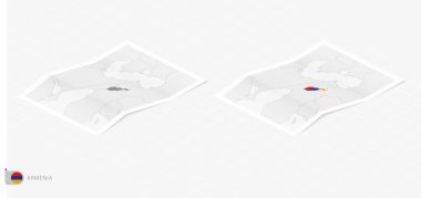 Gölgeli iki gerçekçi Ermenistan haritası. Ermenistan bayrağı ve haritası izometrik biçimdedir.