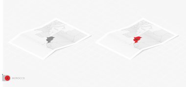 Gölgeli iki gerçekçi Fas haritası. Fas bayrağı ve haritası izometrik tarzda.