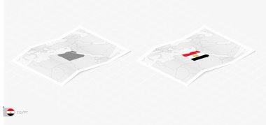 Gölgeli iki gerçekçi Mısır haritası. İzometrik tarzda Mısır bayrağı ve haritası.