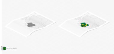 Moritanya 'nın gölgeli iki gerçekçi haritası. Moritanya bayrağı ve haritası izometrik tarzda.