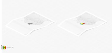 Senegal 'in gölgeli iki gerçekçi haritası. Senegal bayrağı ve haritası izometrik biçimdedir.