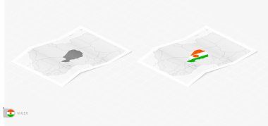 Nijer 'in gölgeli iki gerçekçi haritası. Nijer bayrağı ve haritası izometrik biçimdedir.