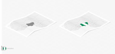 Gölgeli iki gerçekçi Nijerya haritası. Nijerya bayrağı ve haritası izometrik tarzda.