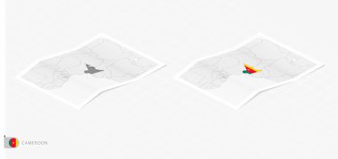 Gölgeli iki gerçekçi Kamerun haritası. Kamerun bayrağı ve haritası izometrik biçimdedir.