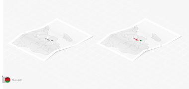 Gölgeli iki gerçekçi Malawi haritası. Malawi bayrağı ve haritası izometrik biçimdedir.