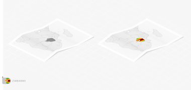 Gölgeli Zimbabwe 'nin iki gerçekçi haritası. İzometrik tarzda Zimbabwe bayrağı ve haritası.