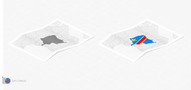 DR Kongo 'nun gölgeli iki gerçekçi haritası. DR Kongo bayrağı ve haritası izometrik biçimdedir.