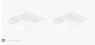 Gölgeli iki gerçekçi Ekvator Ginesi haritası. Ekvator Ginesi bayrağı ve haritası izometrik biçimdedir.