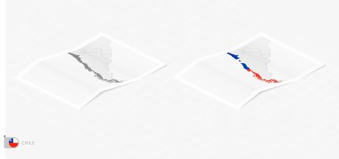 Gölgeli iki gerçekçi Şili haritası. Şili bayrağı ve haritası izometrik biçimdedir.